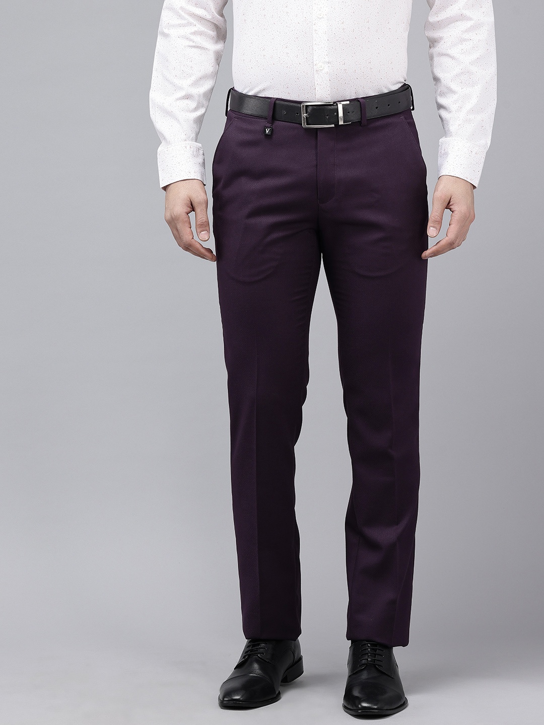 

V Dot Skinny Fit Self Design Textured Formal Trousers, Purple