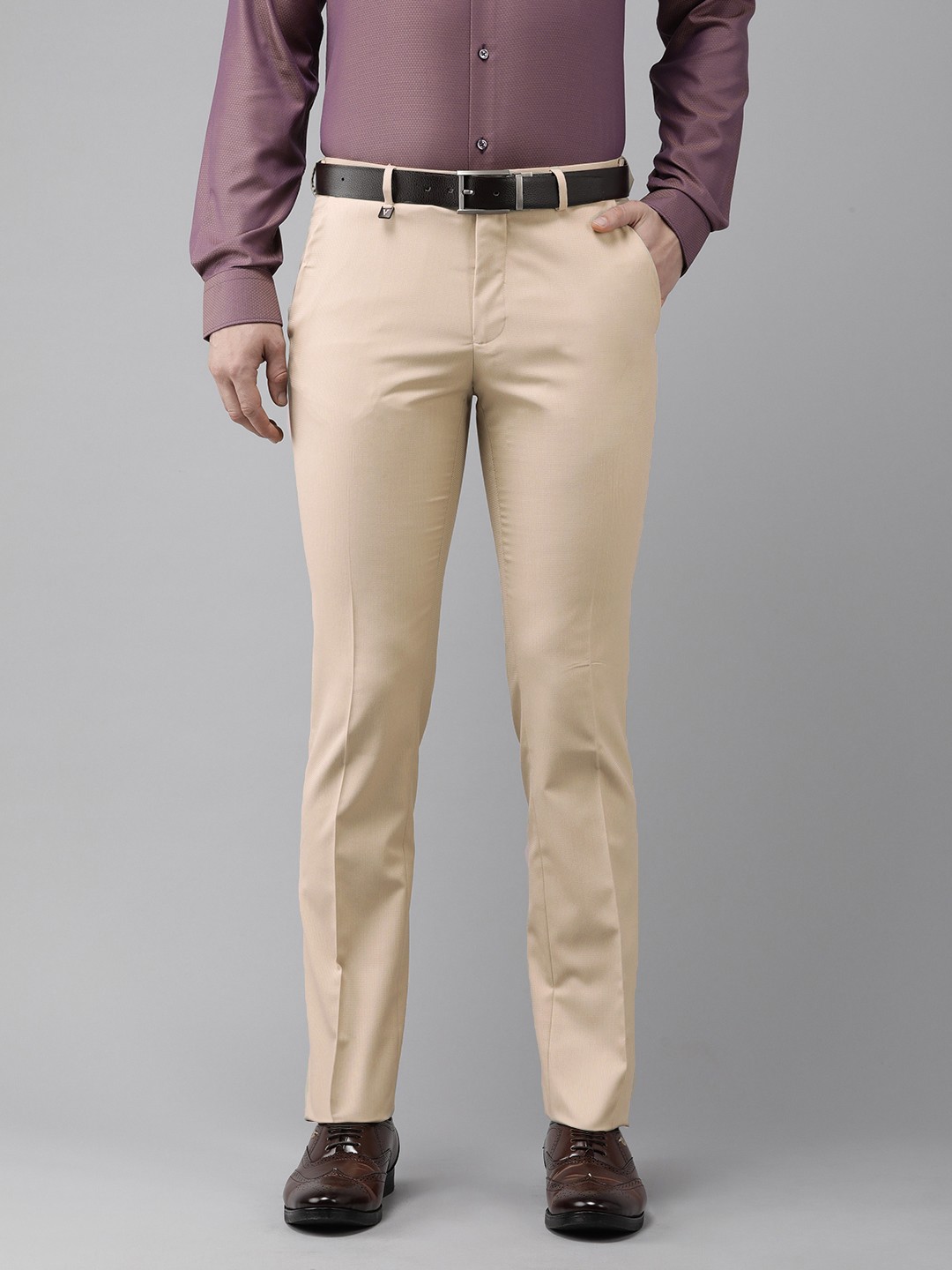 

V Dot Men Mid Rise Self Design Textured Skinny Fit Formal Trousers, Beige