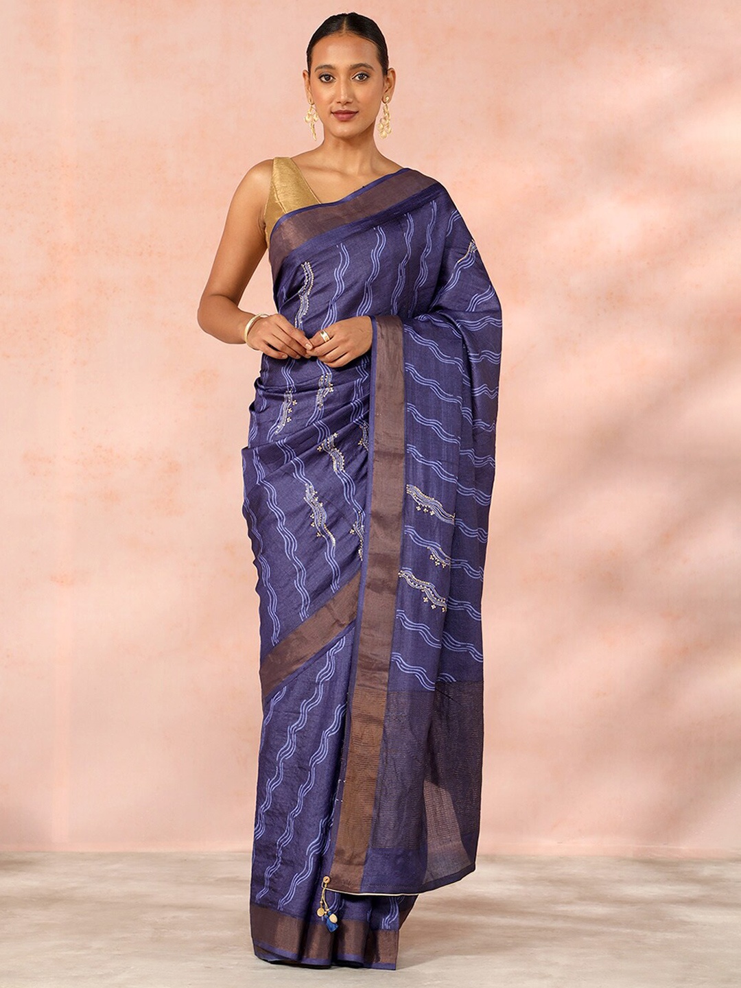 

Taneira Geometric Printed Zari Pure Silk Saree, Blue