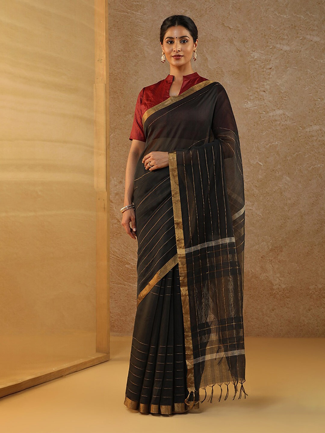 

Taneira Striped Zari Pure Silk Bhagalpuri Saree, Black