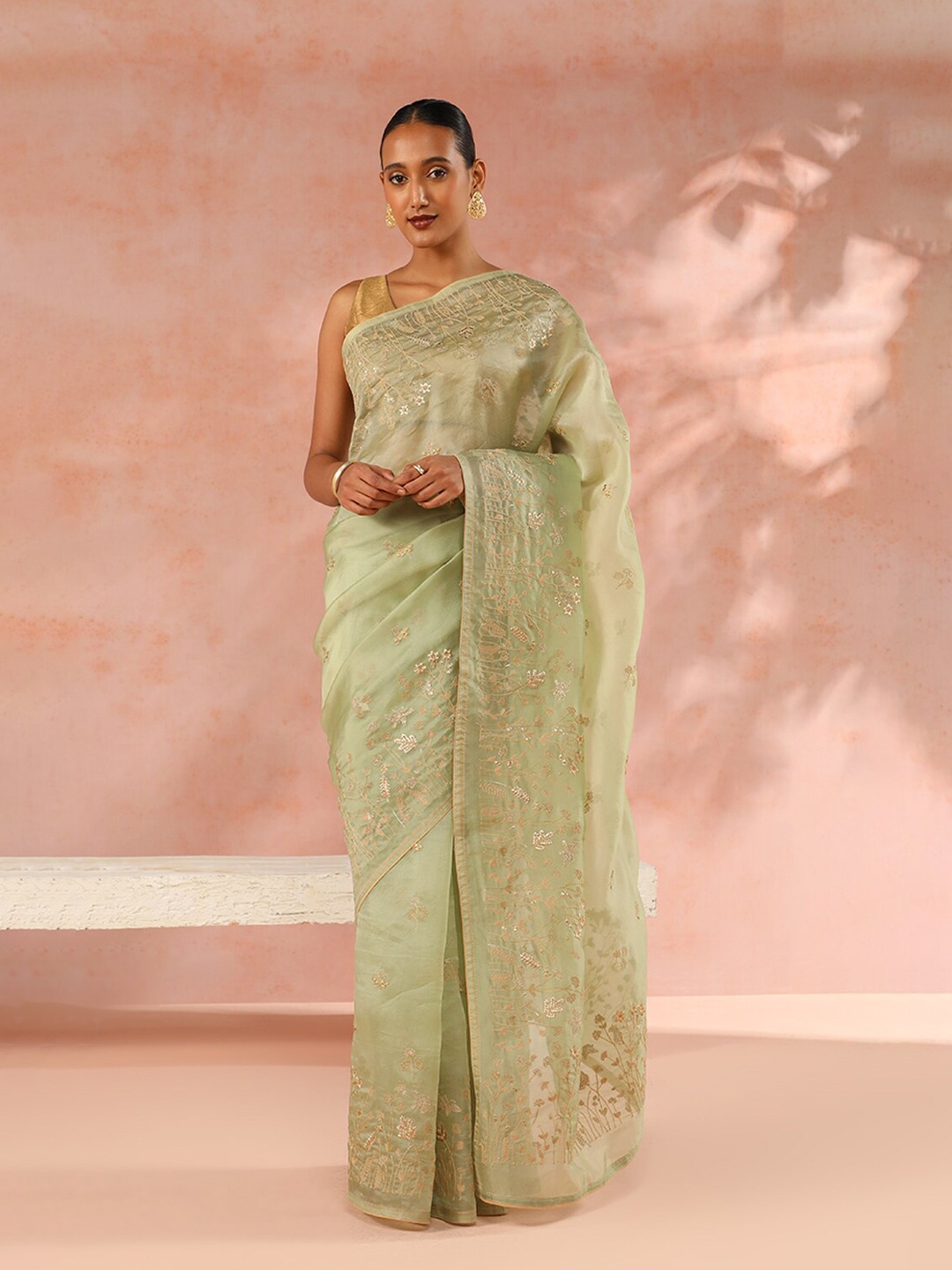 

Taneira Floral Embroidered Aari Work Beads and Stones Organza Saree, Green