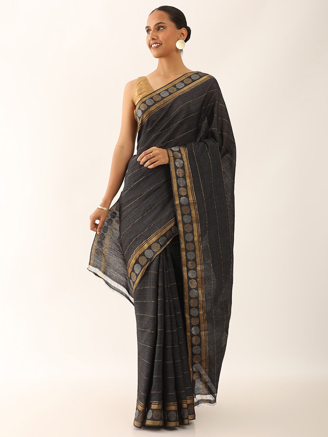 

Taneira Striped Zari Pure Silk Tussar Saree, Black