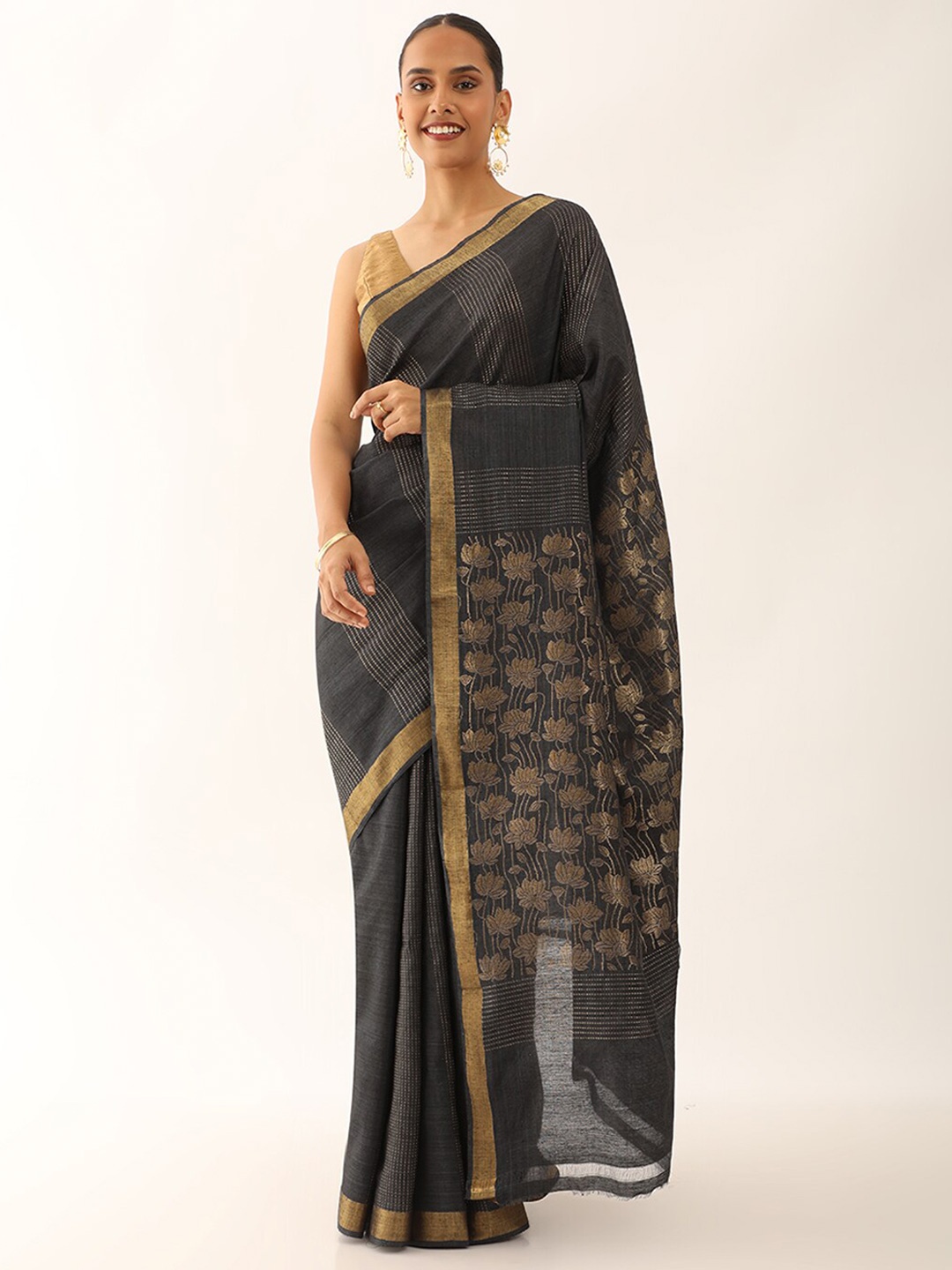 

Taneira Striped Zari Pure Silk Saree, Black