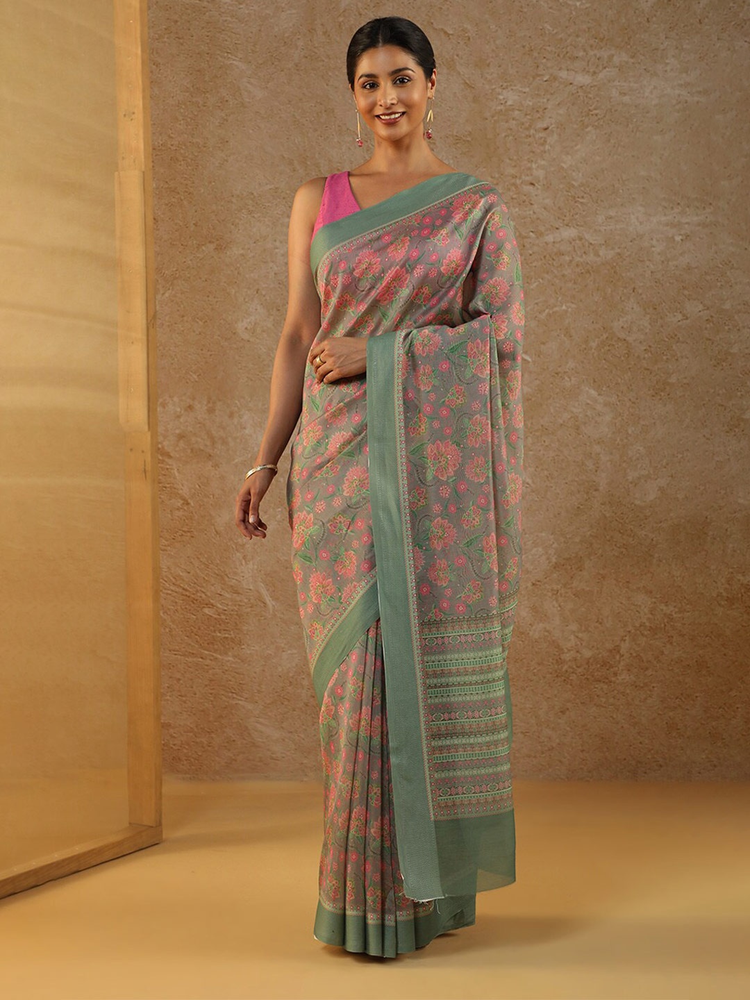 

Taneira Floral Printed Silk Cotton Saree, Grey