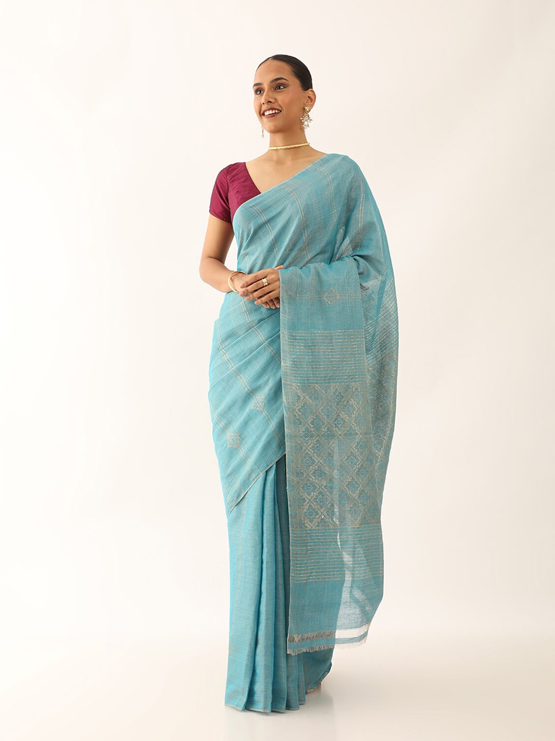 

Taneira Geometric Woven Design Zari Pure Silk Saree, Blue