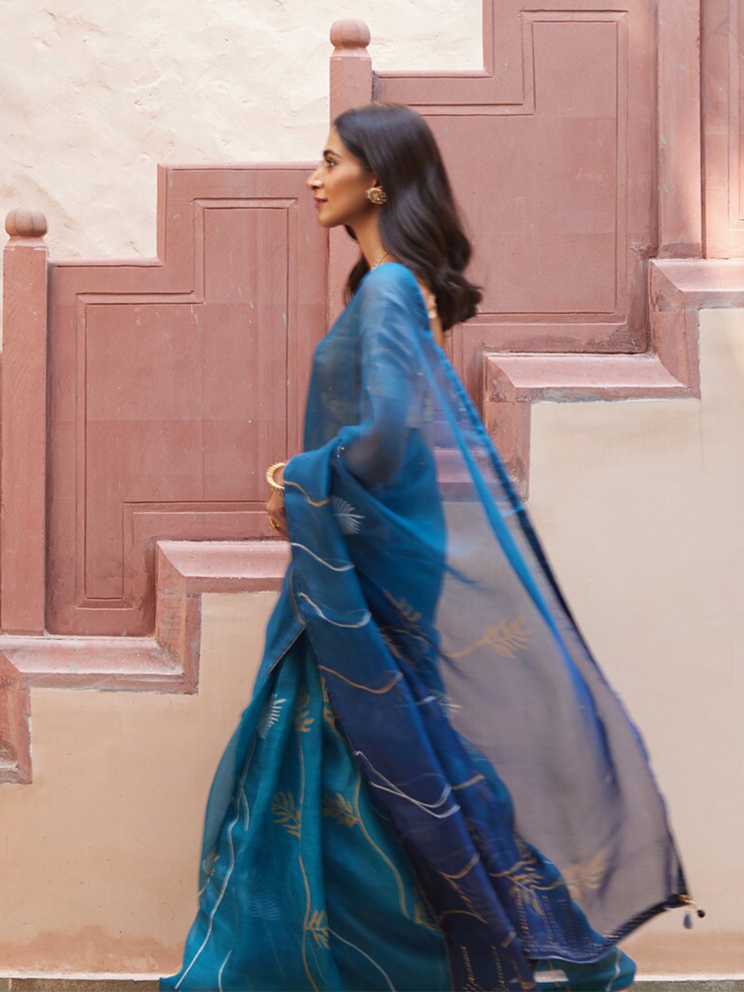 

Taneira Floral Printed Organza Saree, Blue