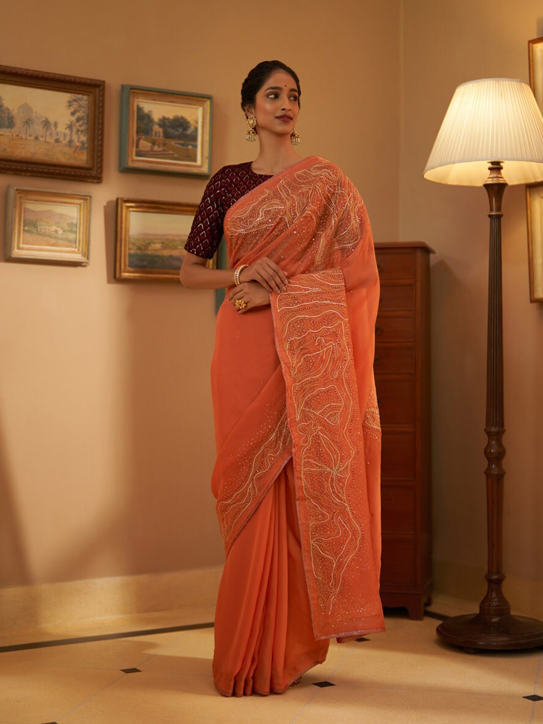

Taneira Floral Embroidered Saree, Orange