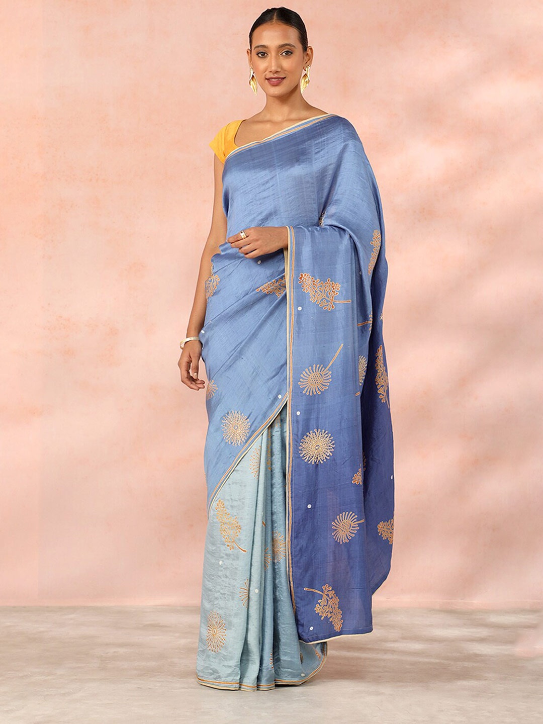 

Taneira Floral Embroidered Hand Painted Sequinned Pure Silk Saree, Blue