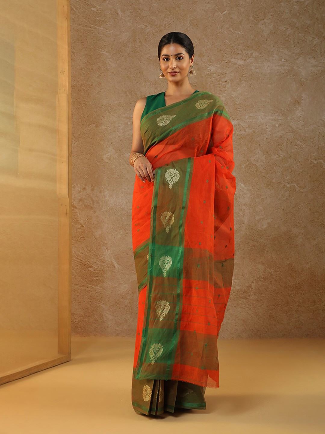 

Taneira Ethnic Motifs Woven Design Zari Pure Cotton Saree, Orange