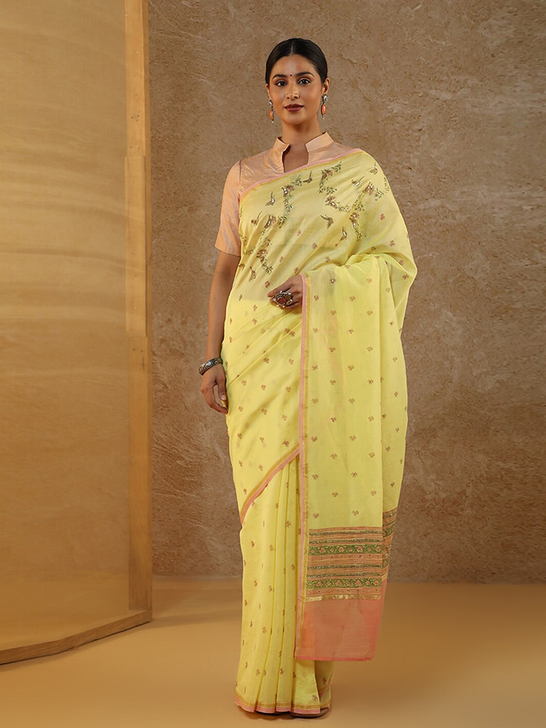

Taneira Floral Printed Sequinned Silk Cotton Saree, Yellow