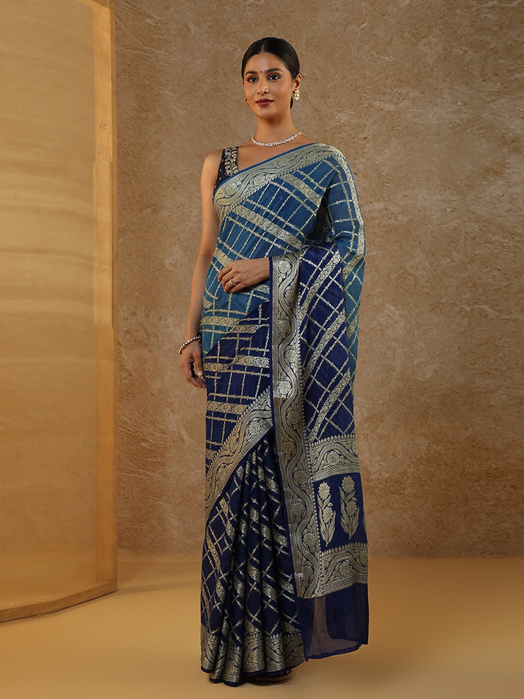 

Taneira Ethnic Motifs Woven Design Zari Pure Georgette Banarasi Saree, Blue