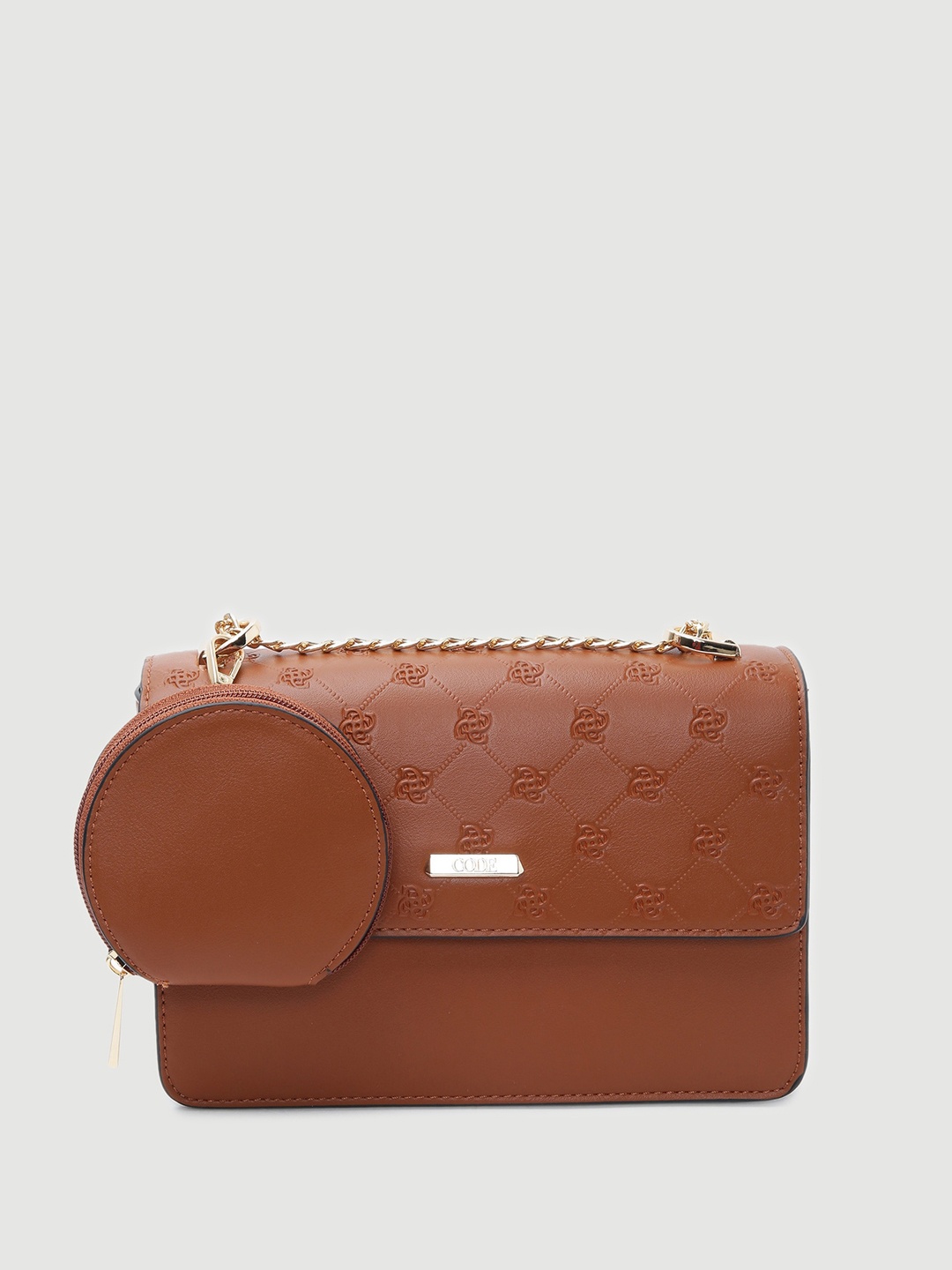 

CODE by Lifestyle Embellished Structured Sling Bag With Zip Detail, Brown