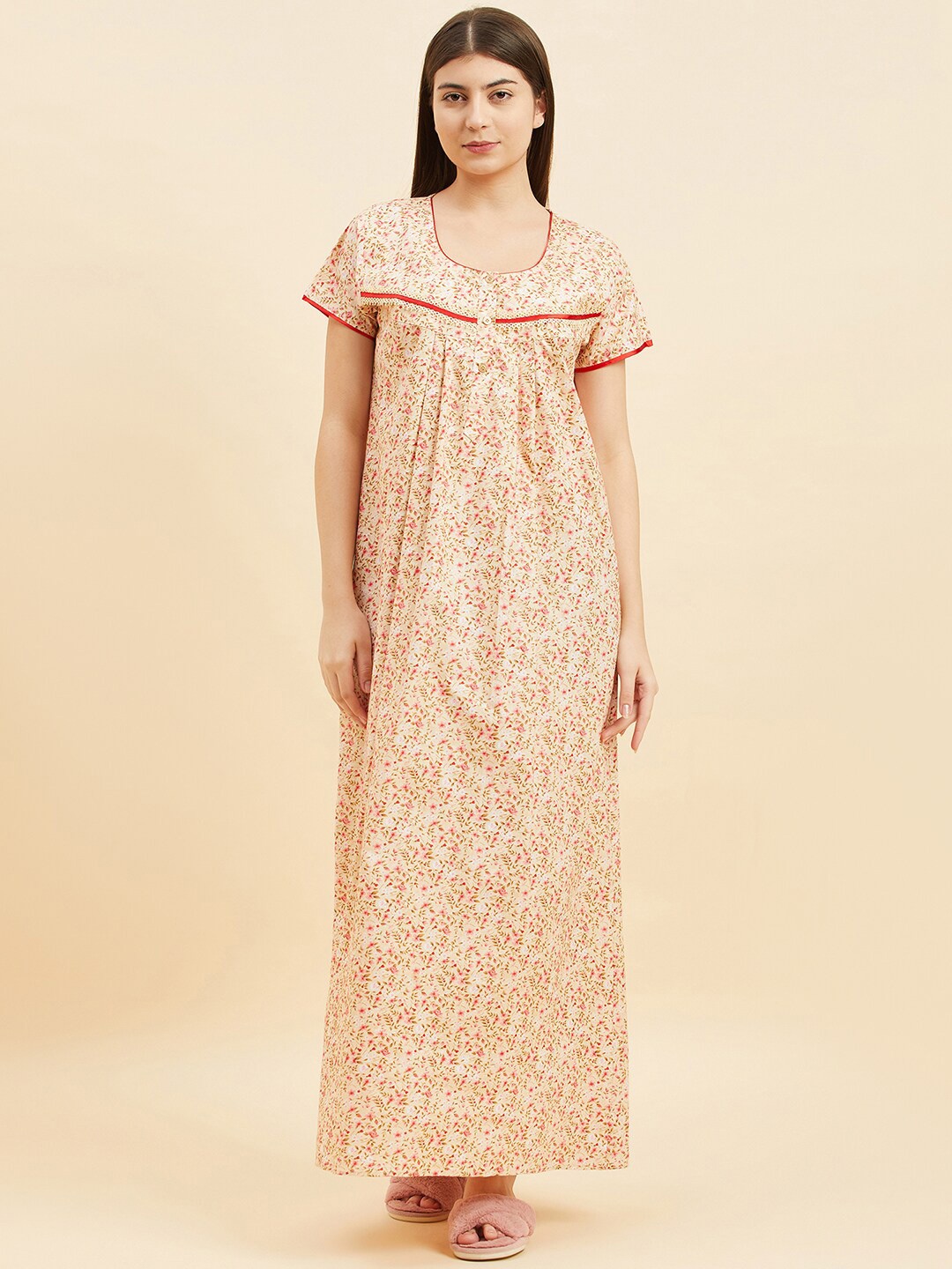 

Sweet Dreams Yellow Floral Printed Pure Cotton Maxi Nightdress