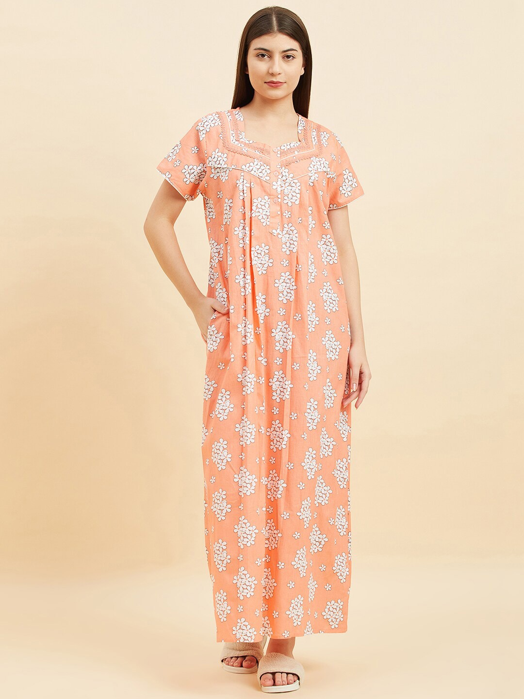 

Sweet Dreams Peach Floral Printed Pure Cotton Maxi Nightdress