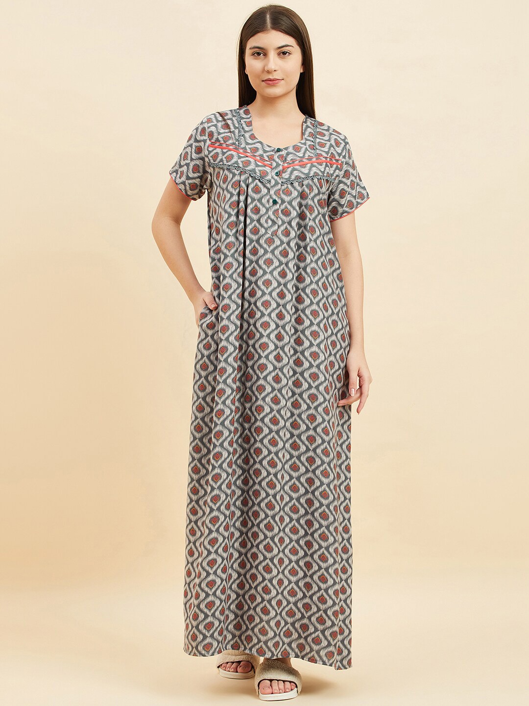 

Sweet Dreams Grey Geometric Printed Square Neck Pure Cotton Maxi Nightdress