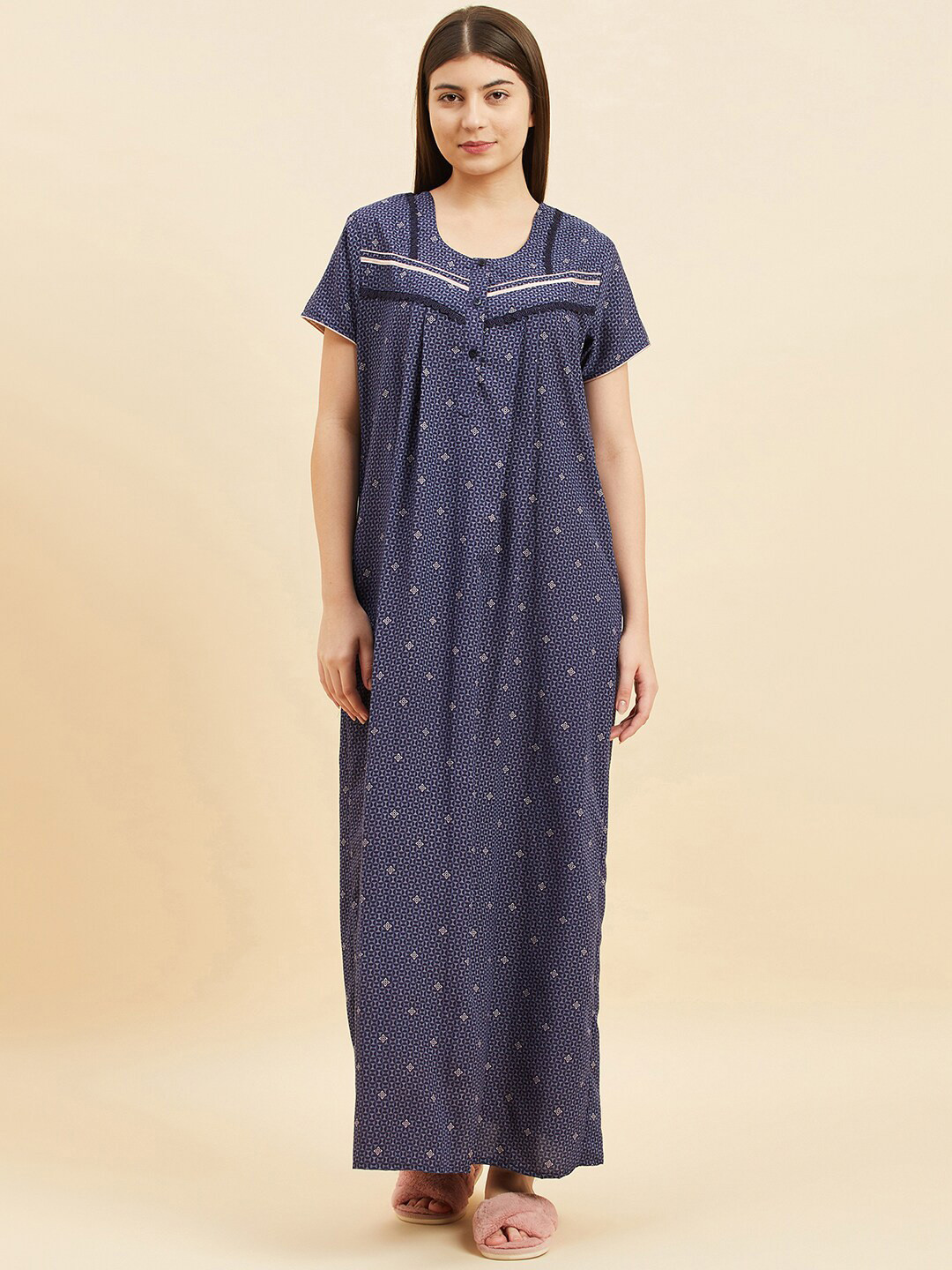 

Sweet Dreams Navy Blue Ethnic Motifs Printed Maxi Nightdress