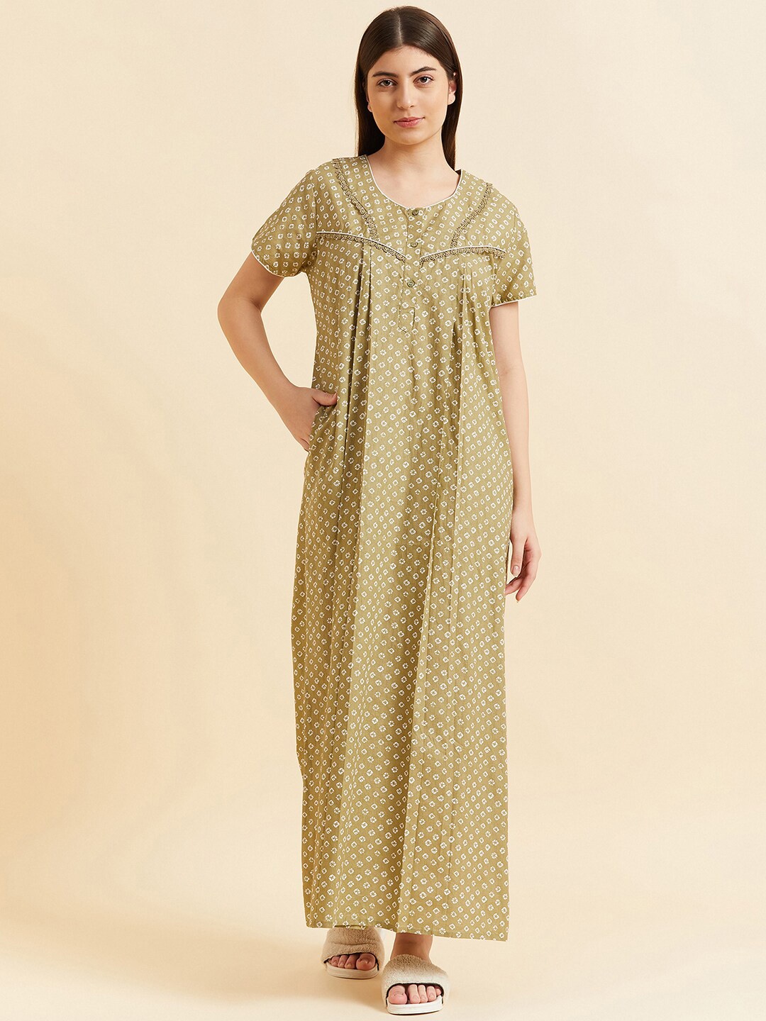 

Sweet Dreams Geometric Printed Pure Cotton Maxi Nightdress, Khaki