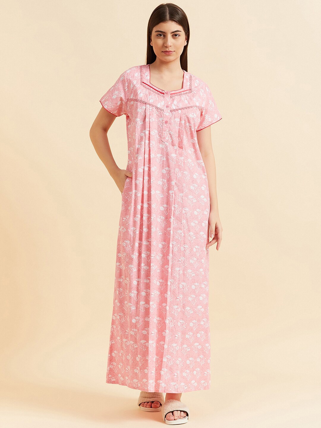 

Sweet Dreams Peach-Coloured Floral Printed Pure Cotton Maxi Nightdress