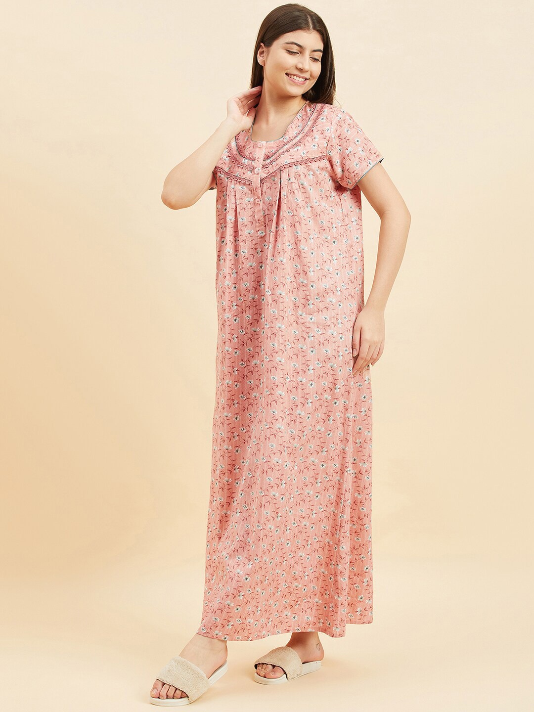 

Sweet Dreams Peach-Coloured Floral Printed Pure Cotton Maxi Nightdress
