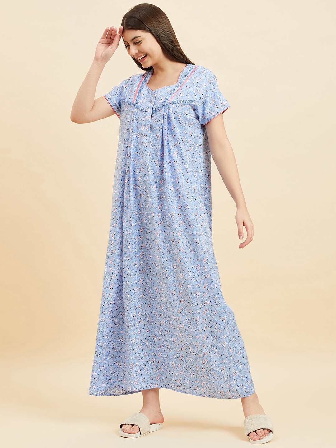 

Sweet Dreams Floral Printed Square Neck Pure Cotton Nightdress, Blue