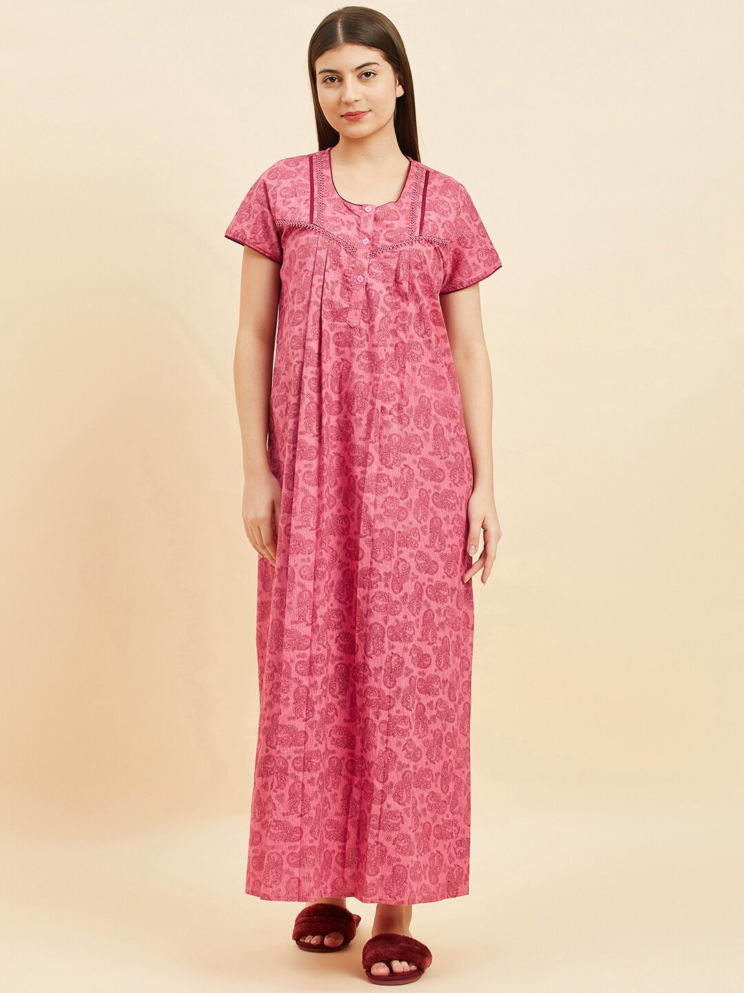 

Sweet Dreams Rose Ethnic Motifs Printed Pure Cotton Maxi Nightdress