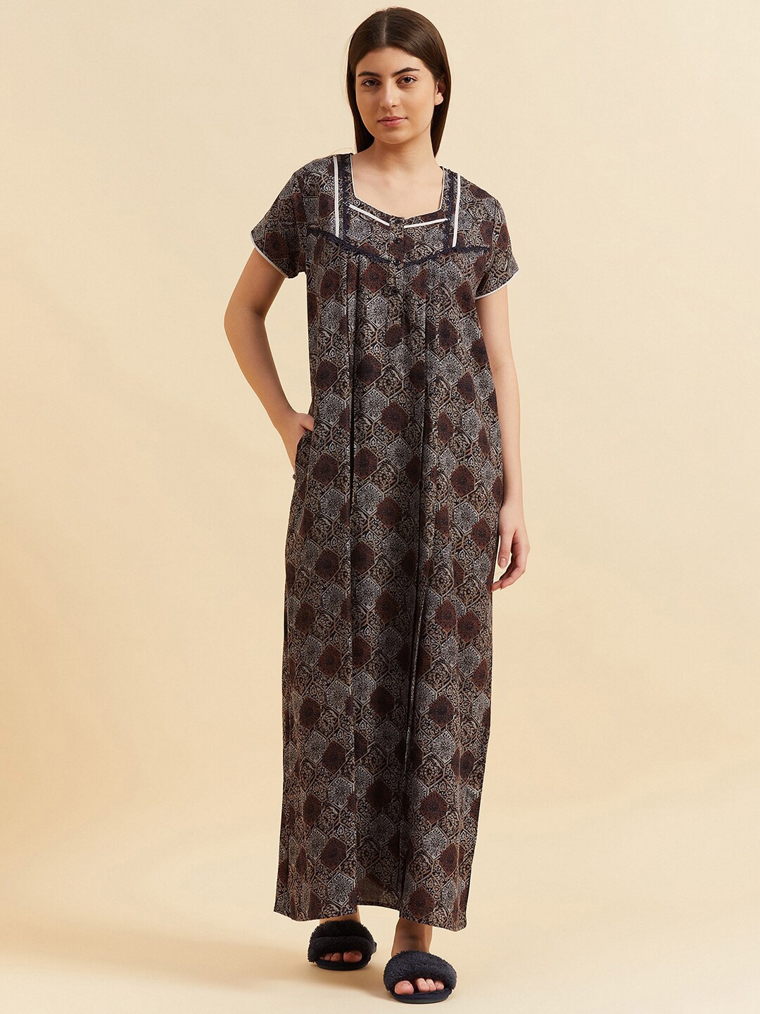 

Sweet Dreams Navy Blue Geometric Printed Pure Cotton Maxi Nightdress