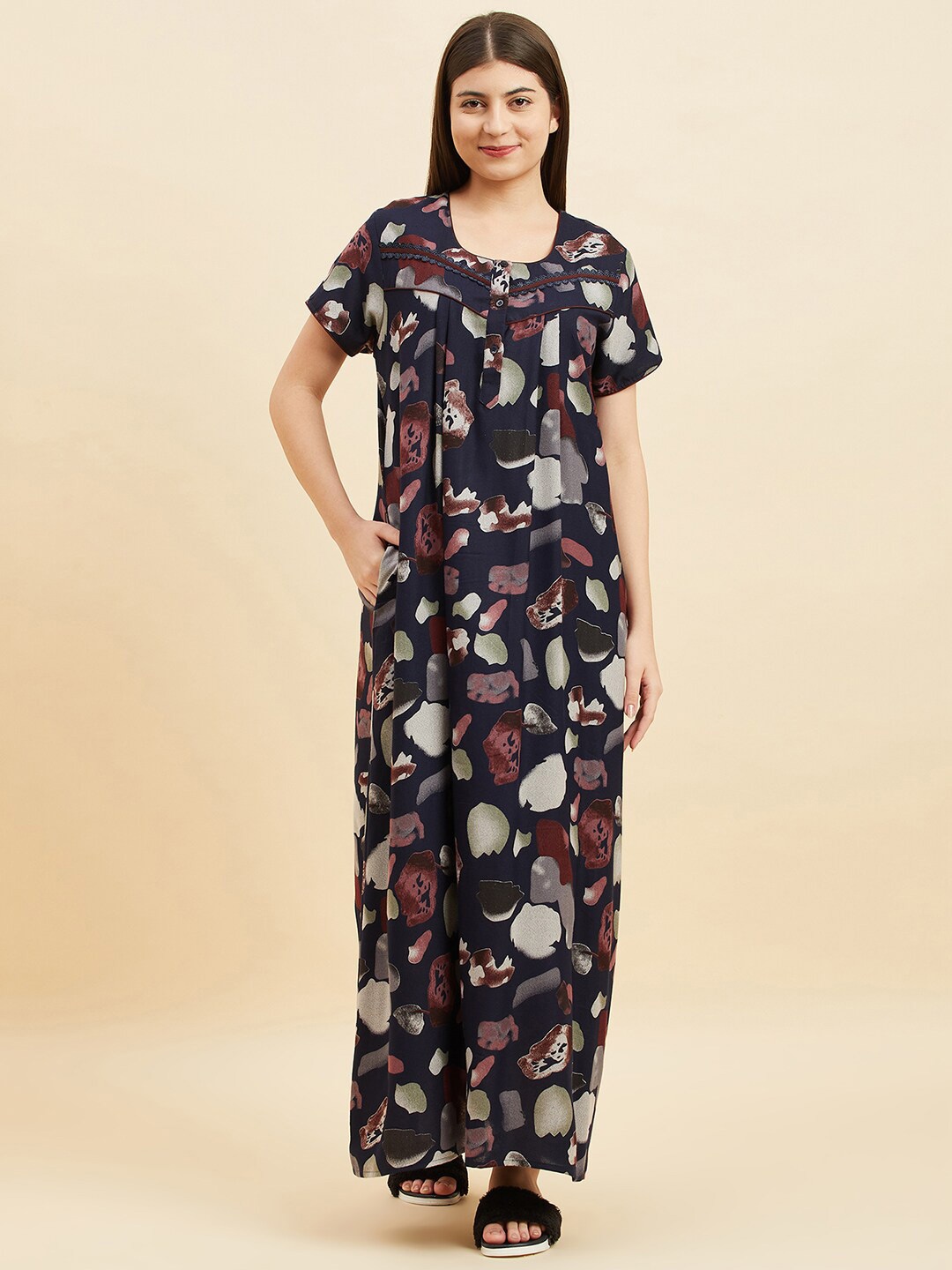 

Sweet Dreams Navy Blue Geometric Printed Square Neck Pure Cotton Maxi Nightdress