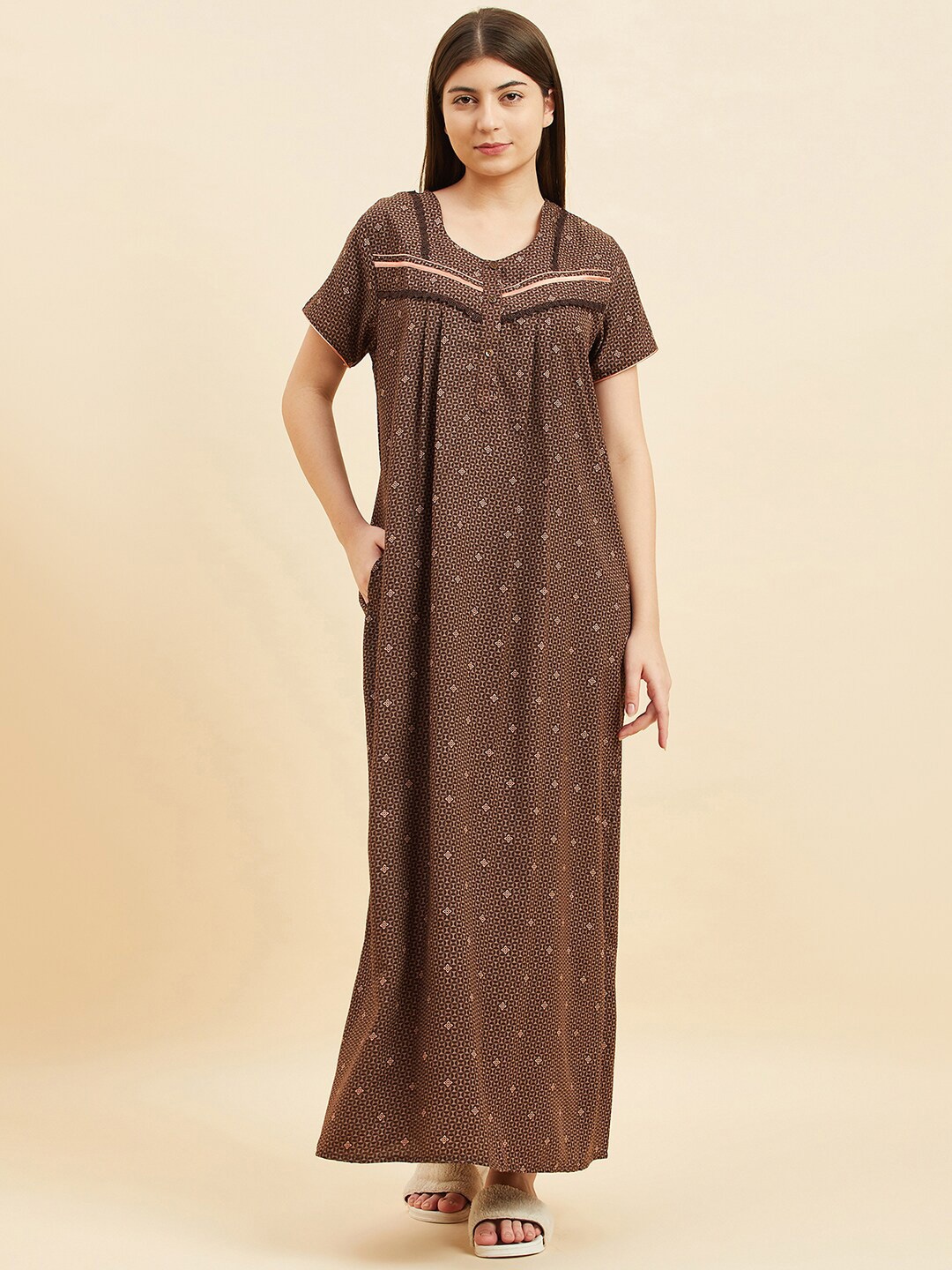

Sweet Dreams Brown Geometric Printed Maxi Nightdress