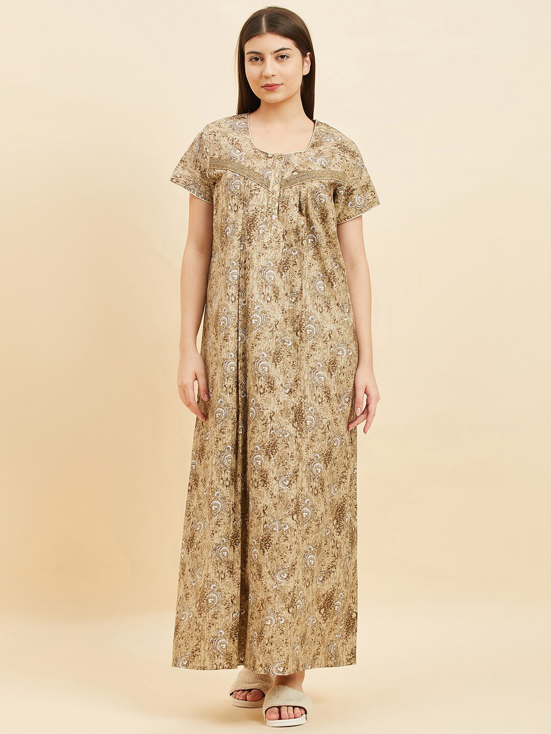 

Sweet Dreams Ethnic Motifs Printed Pure Cotton Maxi Nightdress, Khaki