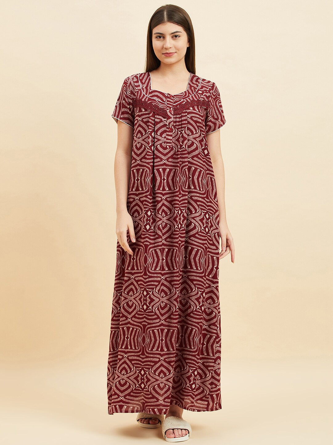 

Sweet Dreams Geometric Printed Square Neck Pure Cotton Maxi Nightdress, Maroon