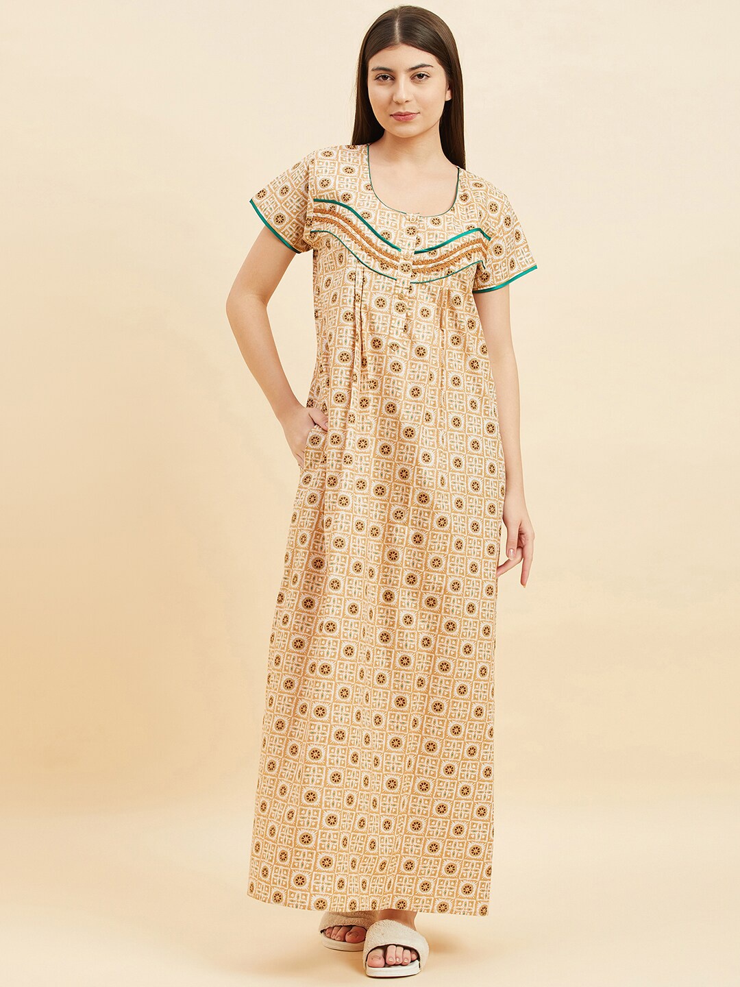 

Sweet Dreams Peach-Coloured Geometric Printed Pure Cotton Maxi Nightdress