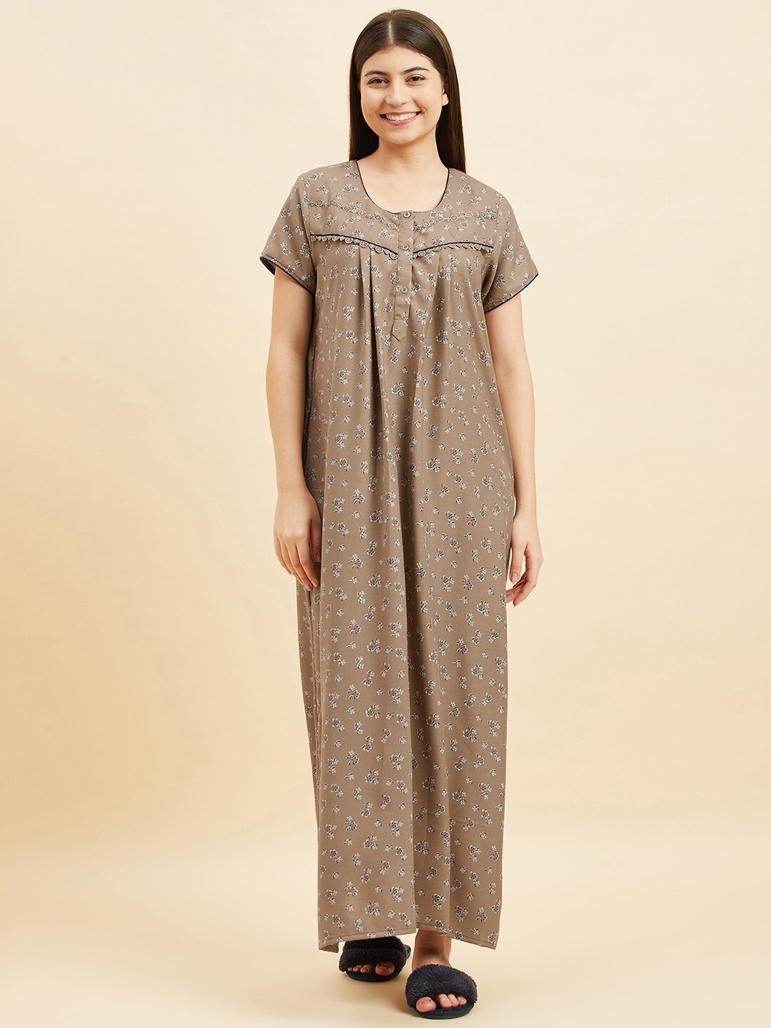

Sweet Dreams Khaki Floral Printed Pure Cotton Maxi Nightdress