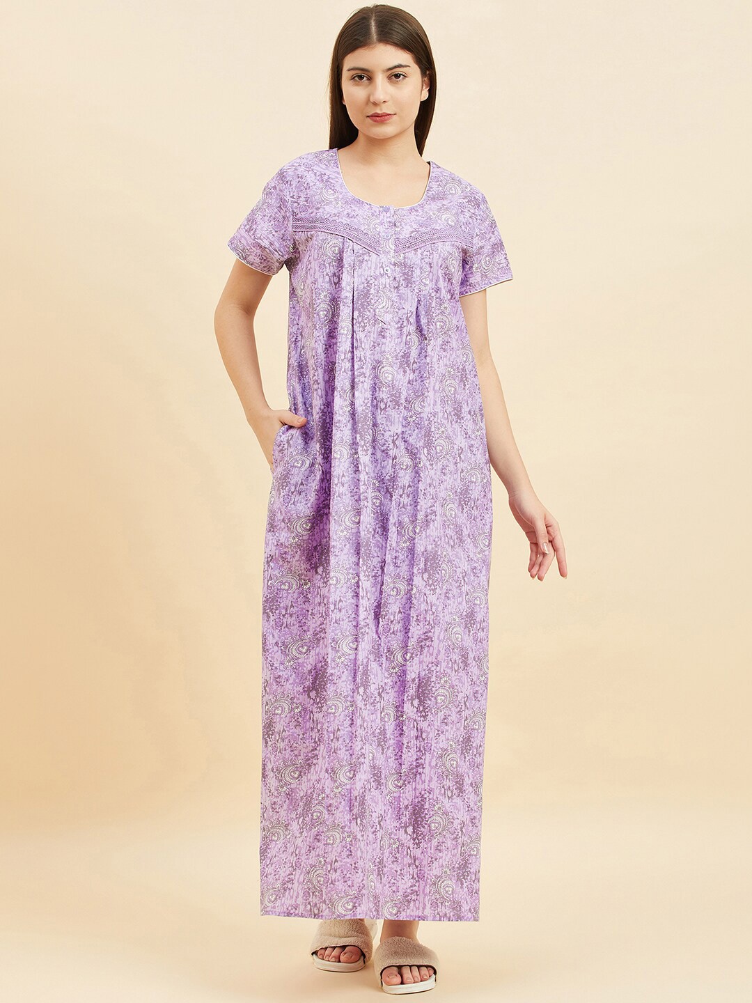 

Sweet Dreams Ethnic Motifs Printed Maxi Nightdress, Purple