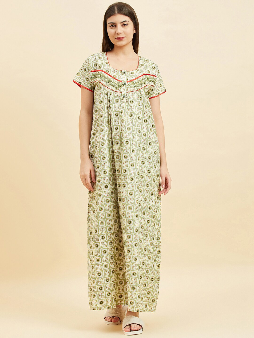 

Sweet Dreams Ethnic Motifs Printed Pure Cotton Maxi Nightdress, Green