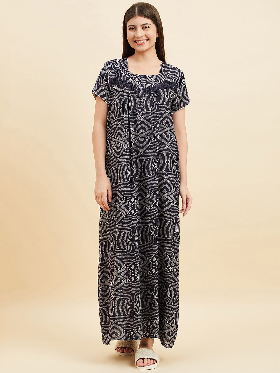 

Sweet Dreams Geometric Printed Pure Cotton Maxi Nightdress, Navy blue