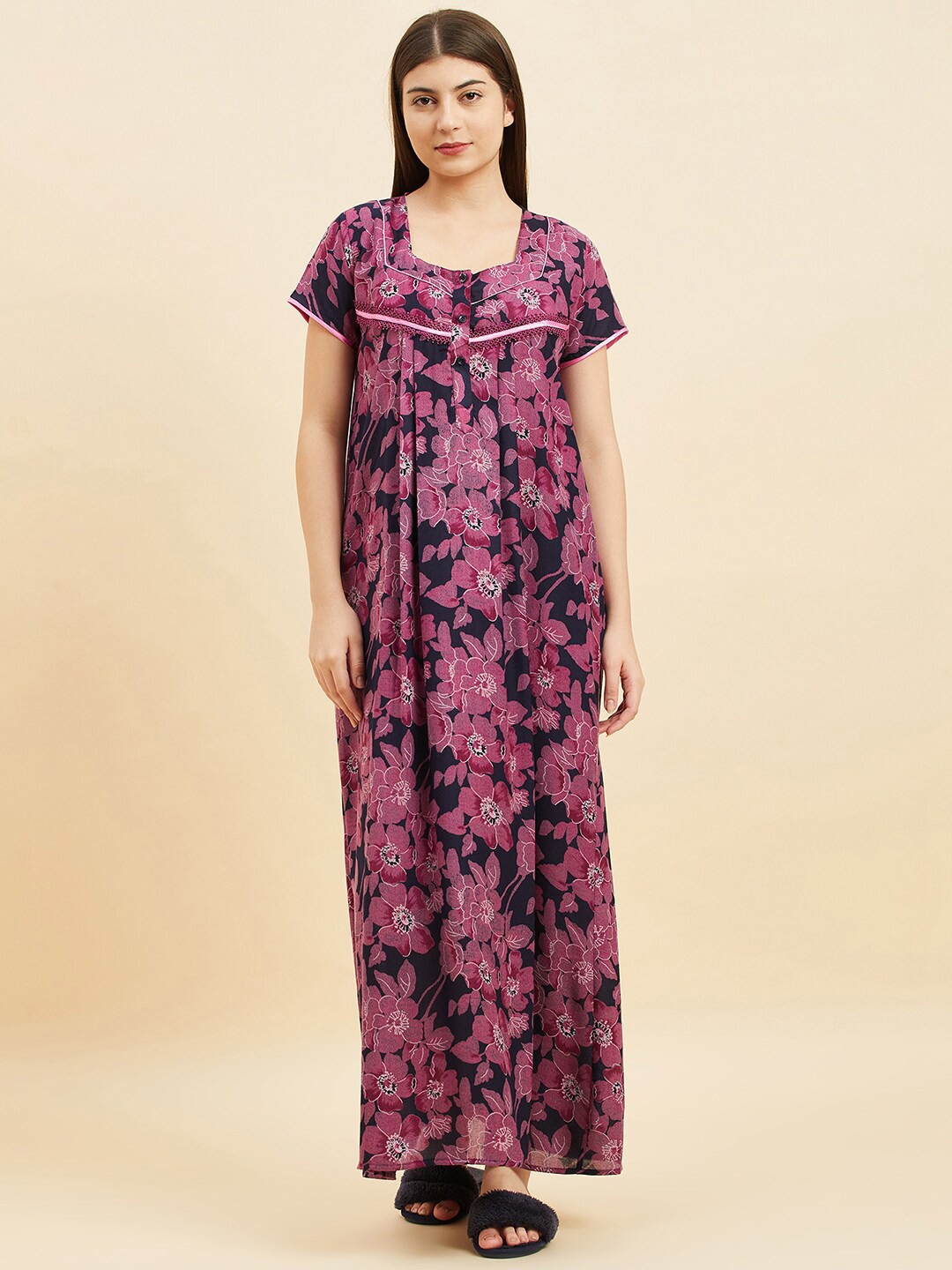 

Sweet Dreams Floral Printed Square Neck Pure Cotton Maxi Nightdress, Purple