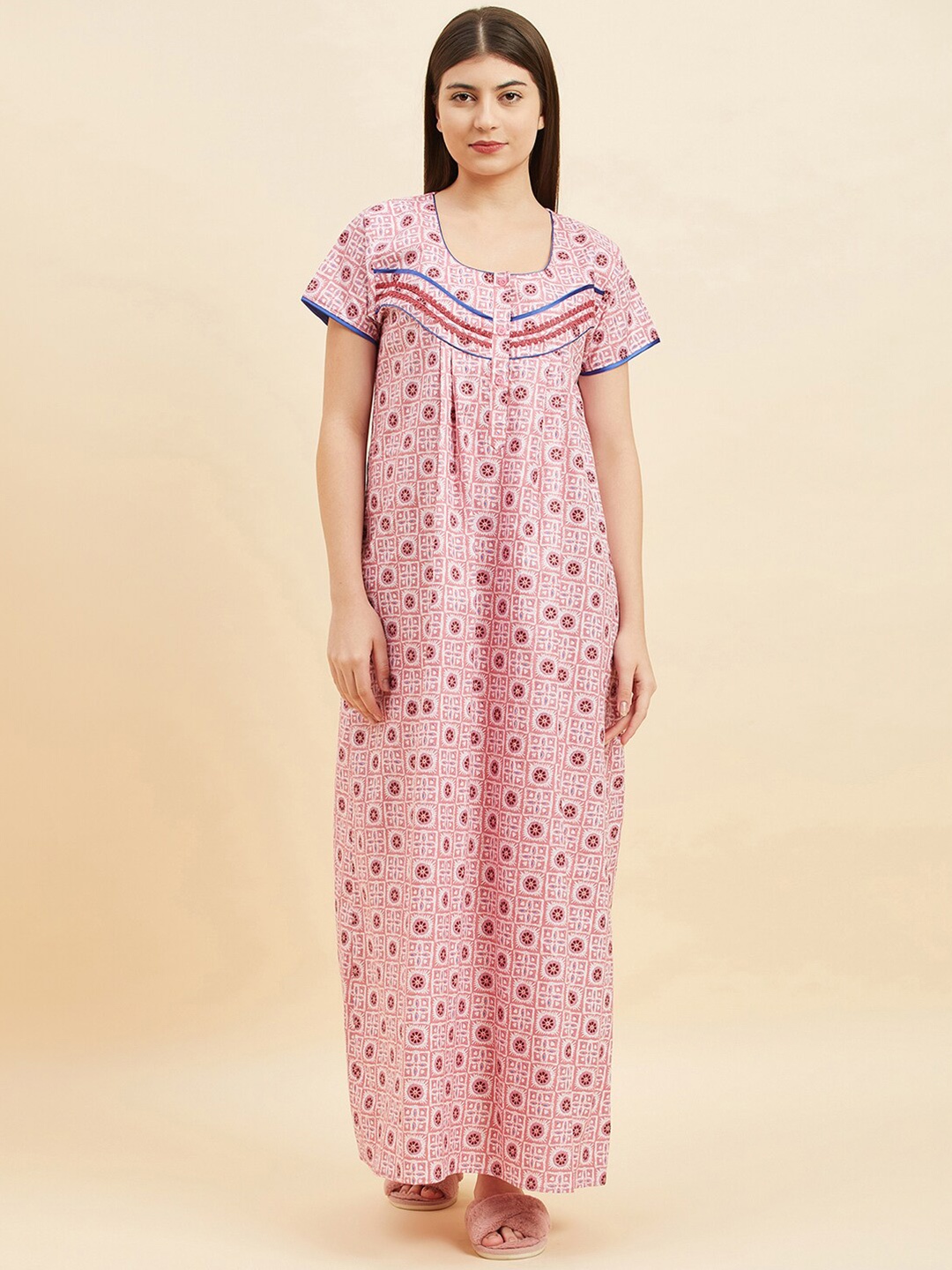 

Sweet Dreams Rose Floral Printed Round Neck Pure Cotton Maxi Nightdress