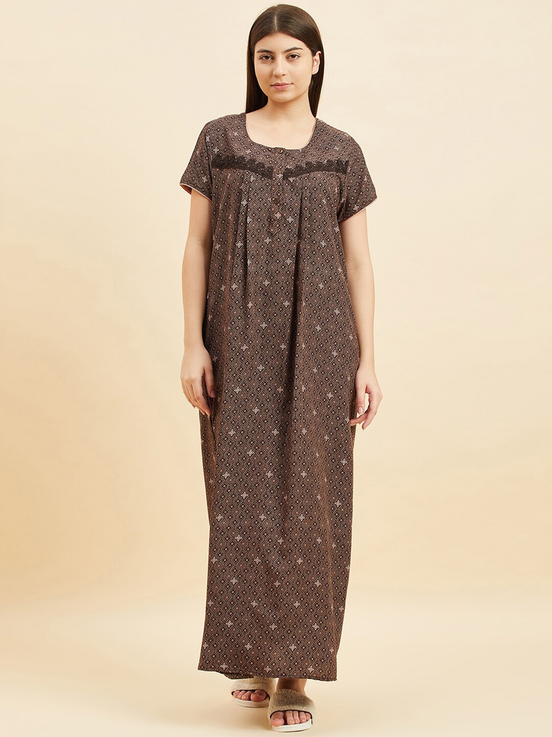 

Sweet Dreams Ethnic Motifs Printed Pure Cotton Maxi Nightdress, Brown