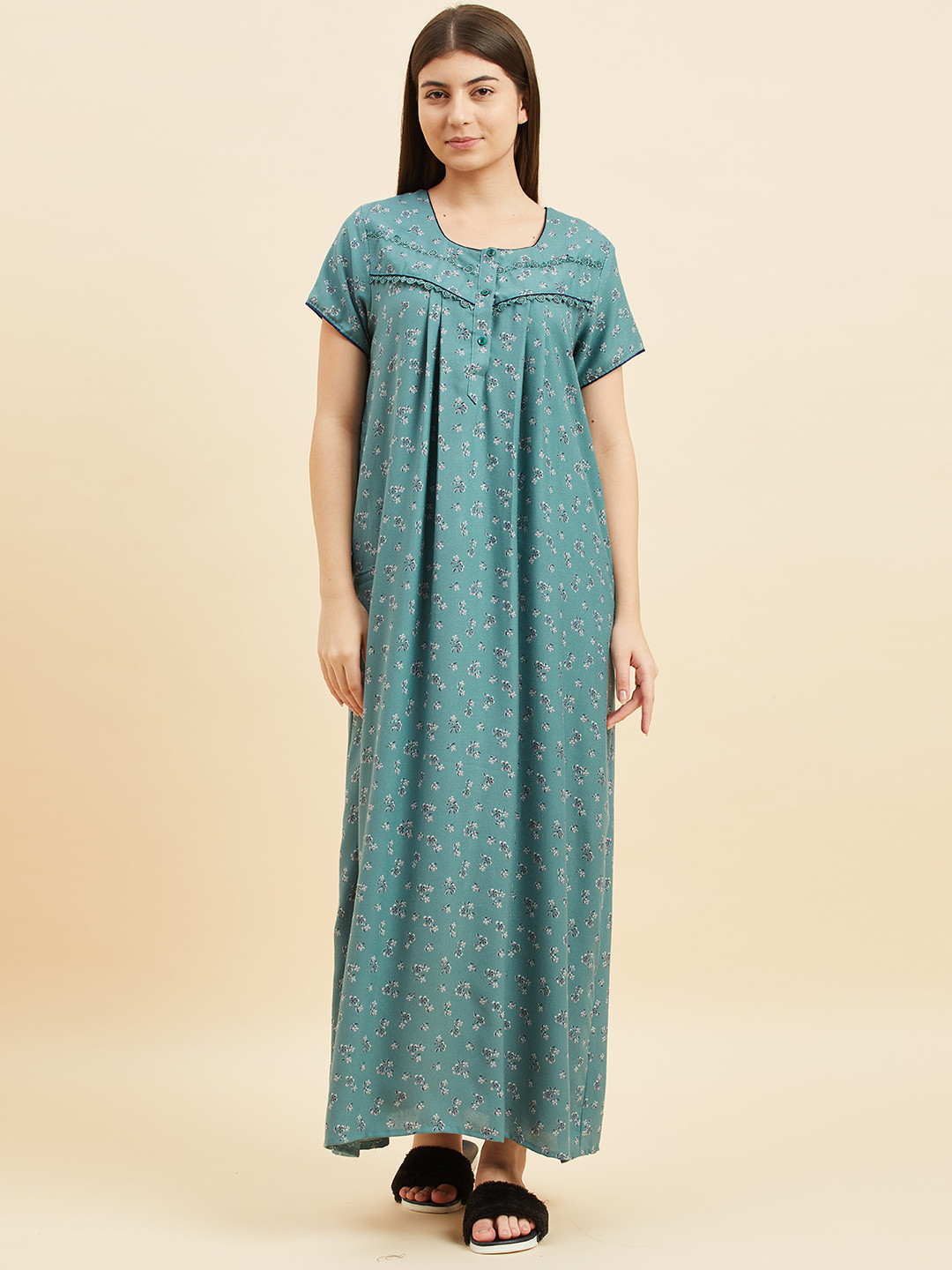 

Sweet Dreams Green Floral Printed Pure Cotton Maxi Nightdress