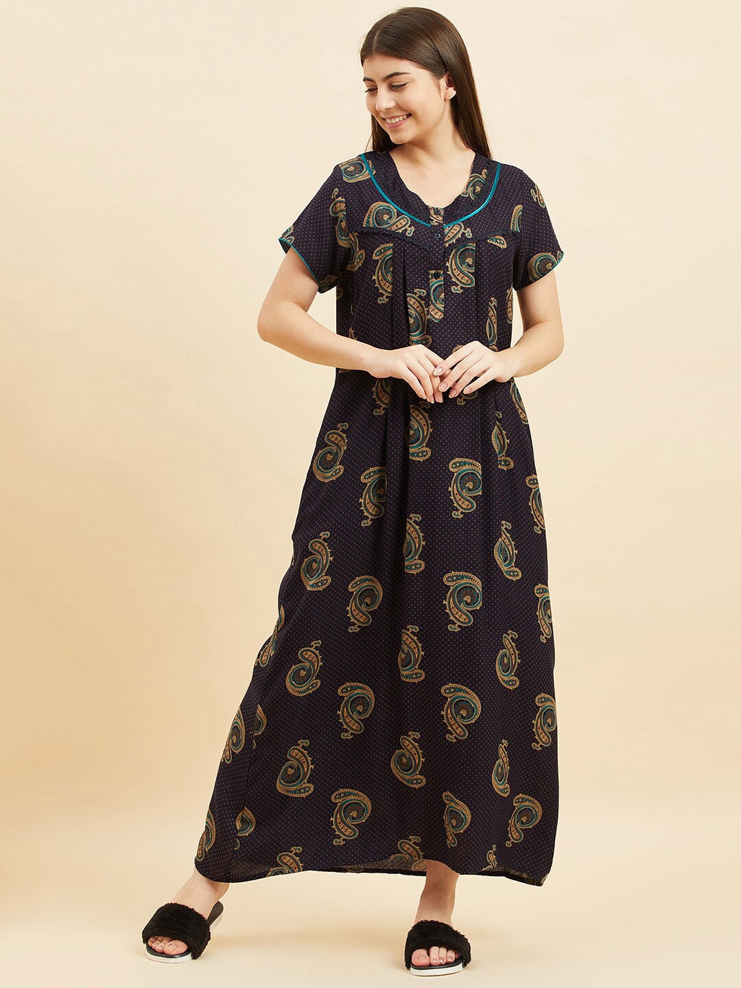 

Sweet Dreams Navy Blue Ethnic Motifs Printed Pure Cotton Maxi Nightdress