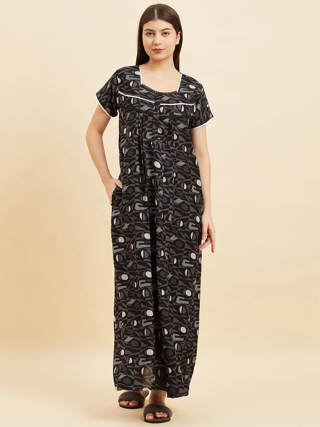 

Sweet Dreams Geometric Printed Pure Cotton Maxi Nightdress, Black