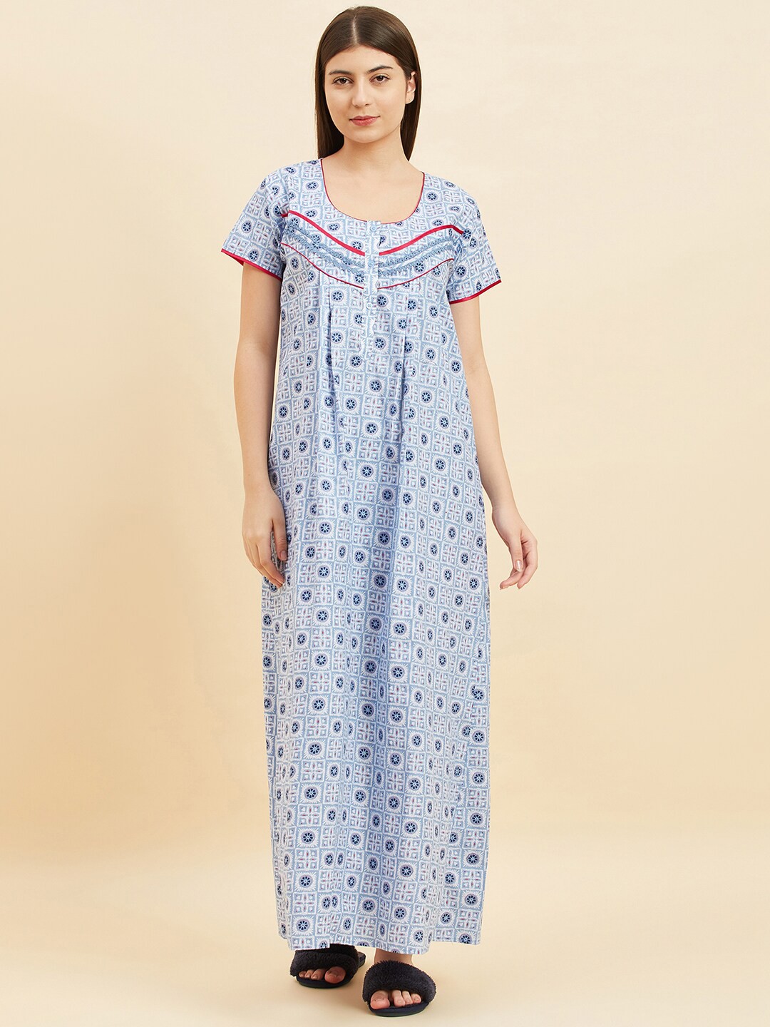 

Sweet Dreams Navy Blue Floral Printed Pure Cotton Maxi Nightdress