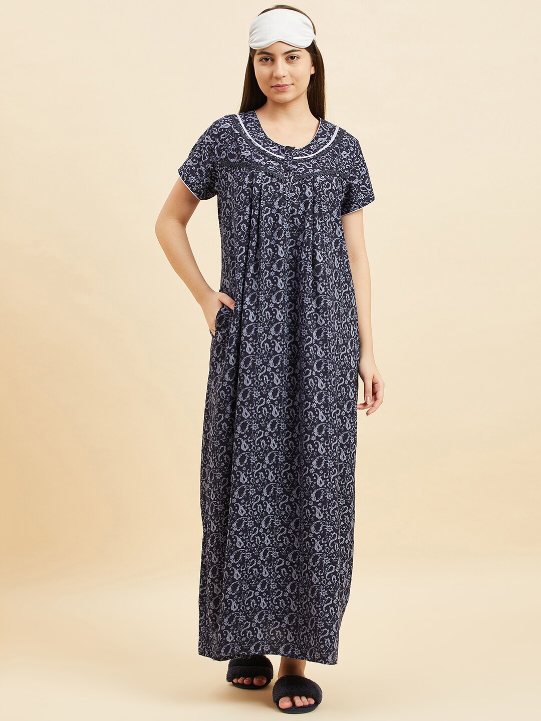 

Sweet Dreams Ethnic Motifs Printed Pure Cotton Maxi Nightdress, Blue