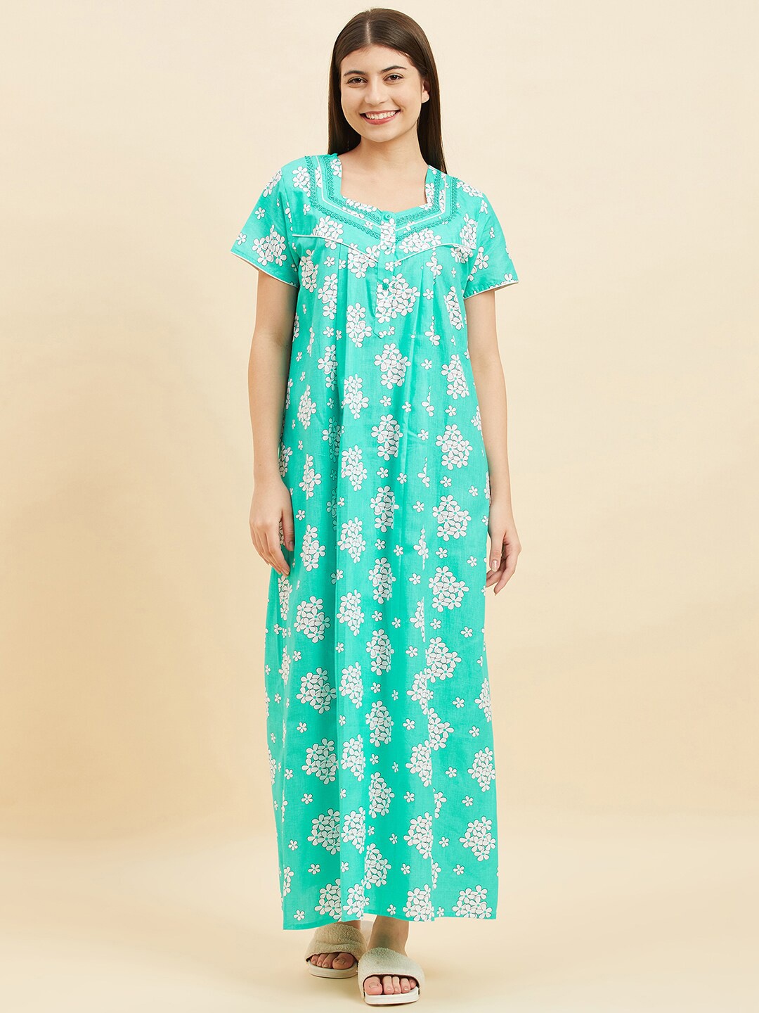 

Sweet Dreams Green Floral Printed Pure Cotton Maxi Nightdress