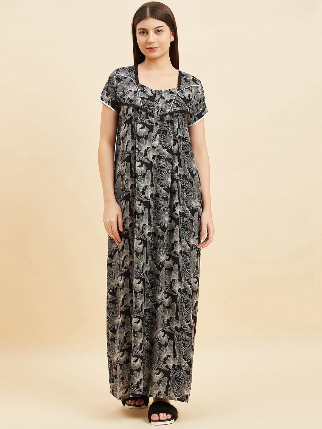 

Sweet Dreams Black Floral Printed Square Neck Pure Cotton Maxi Nightdress