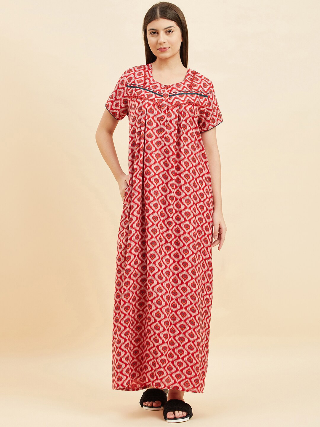 

Sweet Dreams Ethnic Motifs Printed Pure Cotton Maxi Nightdress, Red