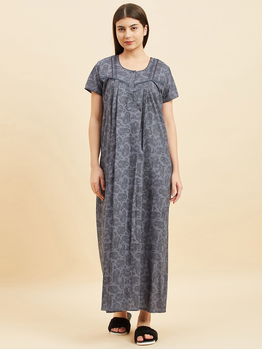 

Sweet Dreams Ethnic Motifs Printed Maxi Nightdress, Grey