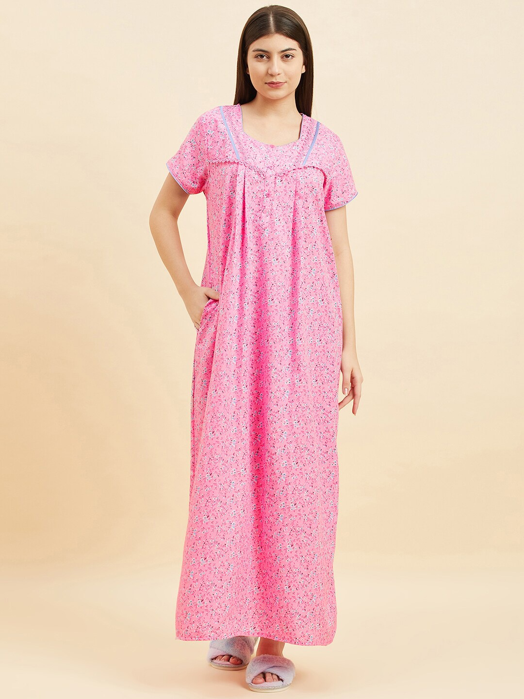 

Sweet Dreams Pink Floral Printed Square Neck Pure Cotton Maxi Nightdress