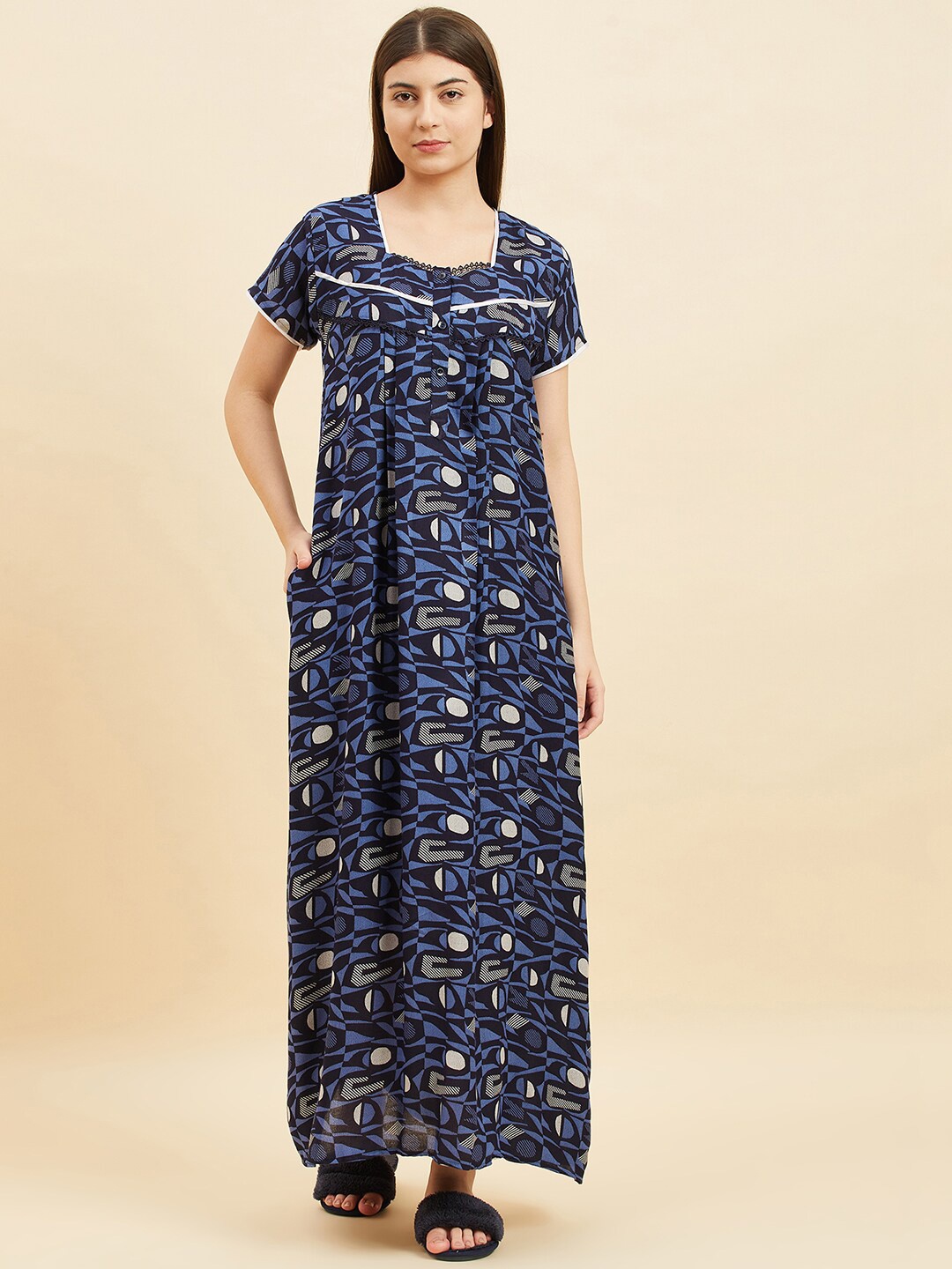 

Sweet Dreams Geometric Printed Square Neck Pure Cotton Maxi Nightdress, Navy blue