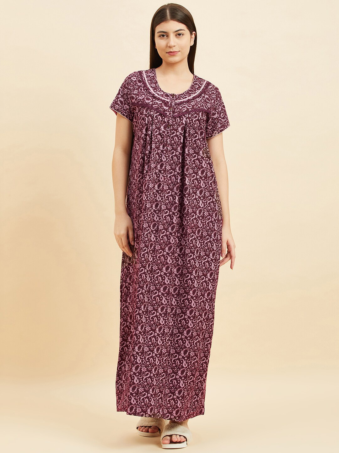 

Sweet Dreams Ethnic Motifs Printed Pure Cotton Maxi Nightdress, Burgundy